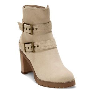 NWT COLE HAAN Womens Beige Foster Almond Stacked Heel Suede Heeled Boots 6.5 B